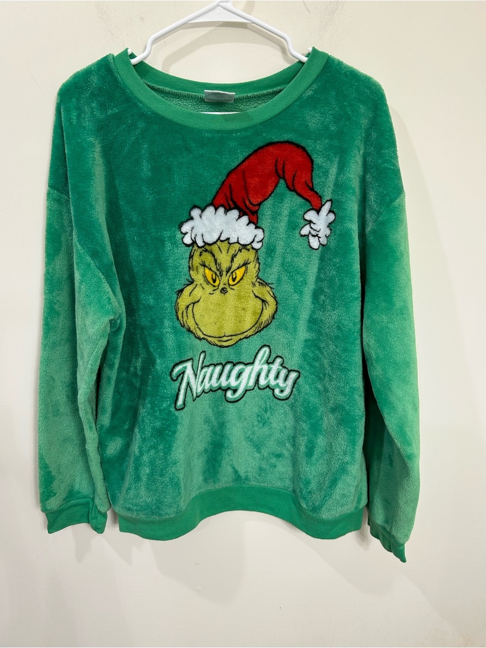 Green Holiday Grinch 'Naughty' Plush Pullover Sweatshirt adult XL